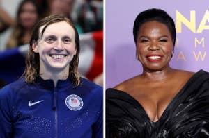 Katie Ledecky, in a sports jacket with the USA emblem, smiles post-swim next to Leslie Jones in an elegant black gown at an event