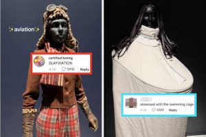 Two artistic mannequins: one in aviator gear with "certified boring SLAYVIATION" comment, another in a cocoon-like dress with "obsessed with the swimming cage" comment