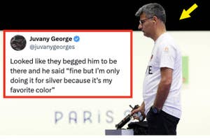 A man in a competitive shooting stance, with a tweet by Juvany George overlayed, saying, "Looked like they begged him to be there and he said ‘fine but I’m only doing it for silver because it’s my favorite color’"