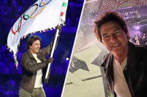 Tom Cruise holds the Olympic flag in one image and takes a selfie with an audience in the background in the other