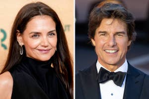 Katie Holmes in a sleeveless black dress and Tom Cruise in a classic black tuxedo with a bow tie, both smiling at separate events