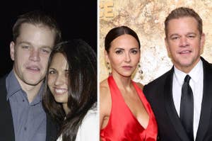 Matt Damon and Luciana Barroso in two side-by-side photos: one casual from years ago, and one recent at a formal event