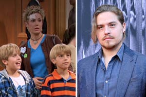 On the left, Cole and Dylan Sprouse with a woman wearing a patched forehead in a TV scene. On the right, Dylan Sprouse in a blue suit poses on a carpet