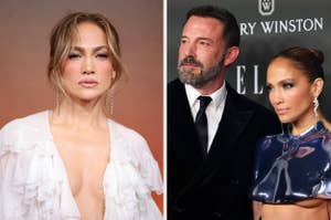 Jennifer Lopez in a white, ruffled gown on the left; Jennifer Lopez in a metallic gown with Ben Affleck in a black suit on the right