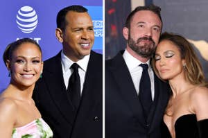 Jennifer Lopez poses with Alex Rodriguez in elegant attire, then with Ben Affleck, resting her head on his shoulder