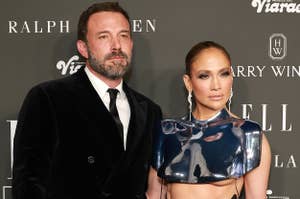 Ben Affleck in a suit and Jennifer Lopez in an avant-garde dress on the red carpet at an ELLE event