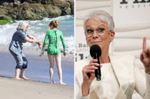 Jamie Lee Curtis and Lindsay Lohan on the beach in a scene from Freakier Friday vs Jamie Lee Curtis holds a microphone with her right hand while pointing a finger with the left