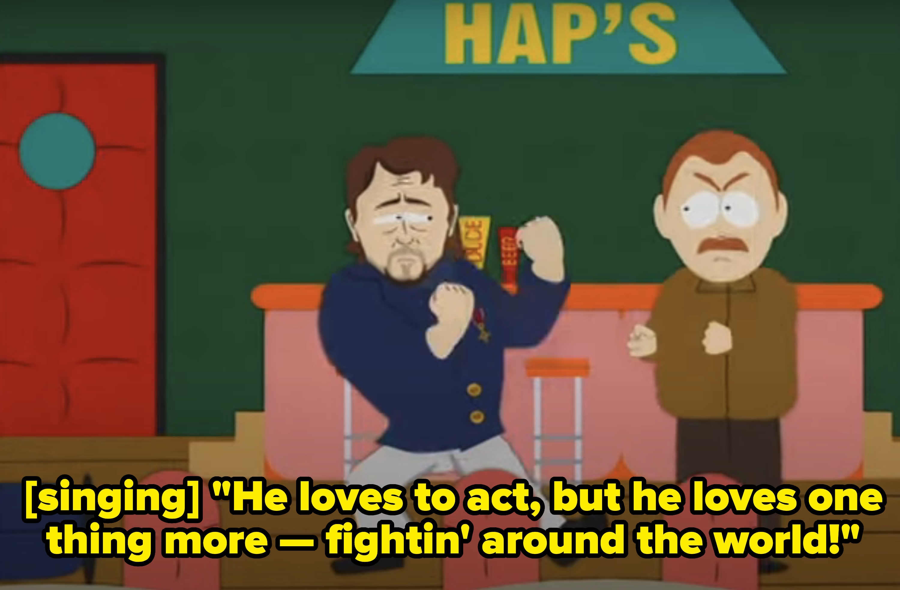 Animated scene from South Park of Russell Crowe and Tugger in a fighting stance inside a place called Hap&#x27;s