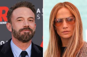 Ben Affleck at a red carpet event in a suit and tie next to Jennifer Lopez wearing sunglasses and a casual outfit