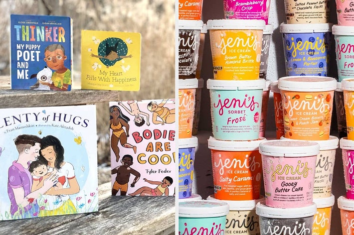 Children's books including "Thinker: My Puppy Poet and Me," "My Heart Fills with Happiness," "Plenty of Hugs," "Bodies Are Cool," and various Jeni's ice cream and sorbet flavors