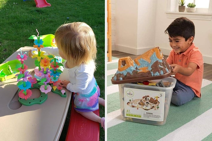 Children playing with educational toys: a toddler with a flower garden set outside and a young child assembling a dinosaur playset inside