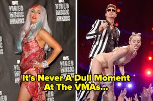 Lady Gaga poses on the red carpet at the VMAs. Robin Thicke performs on stage with Miley Cyrus at the VMAs. Text says, "It's Never A Dull Time At The VMAs..."