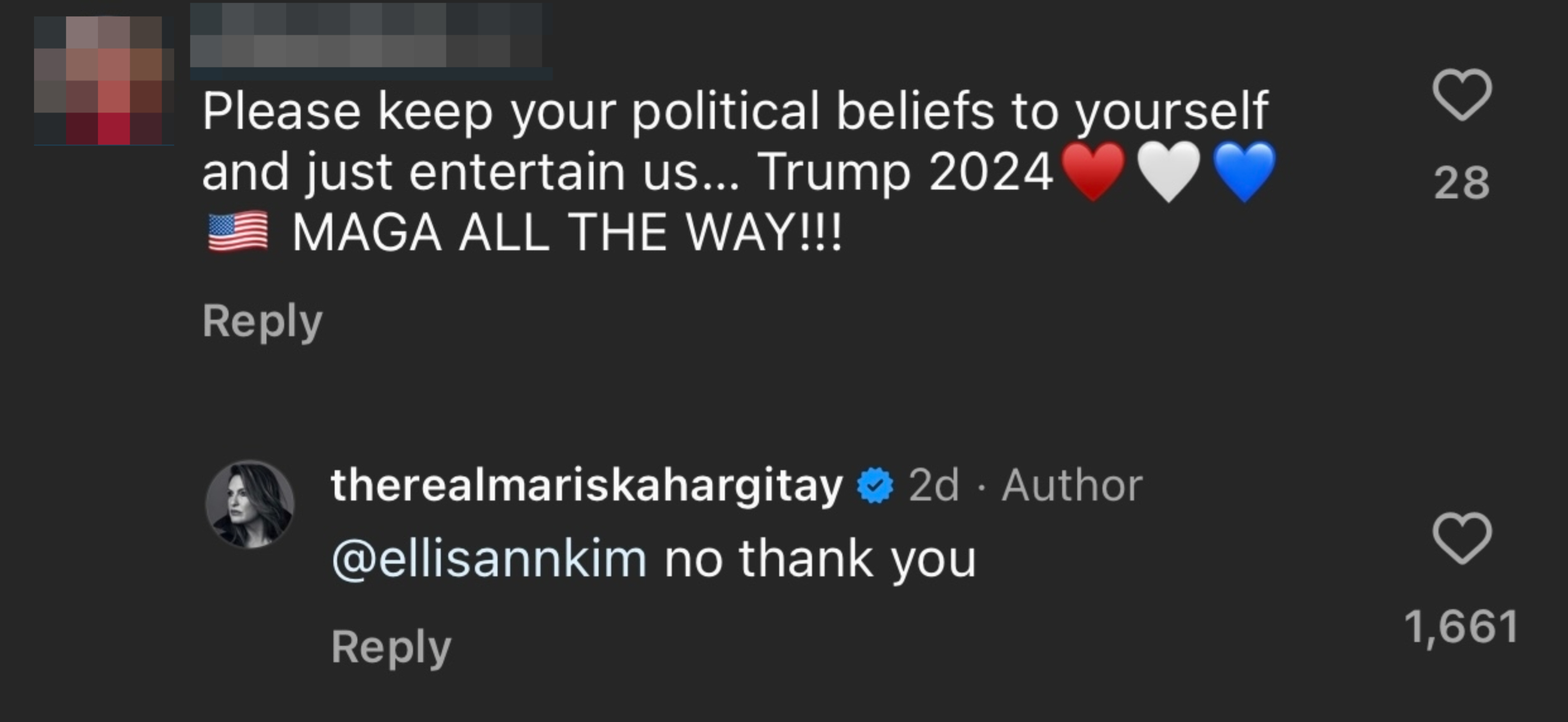 Instagram comment that reads, &quot;Please keep your political beliefs to yourself and just entertain us... Trump 2024 MAGA ALL THE WAY&quot; with Mariska Hargitay saying &quot;no thank you&quot;