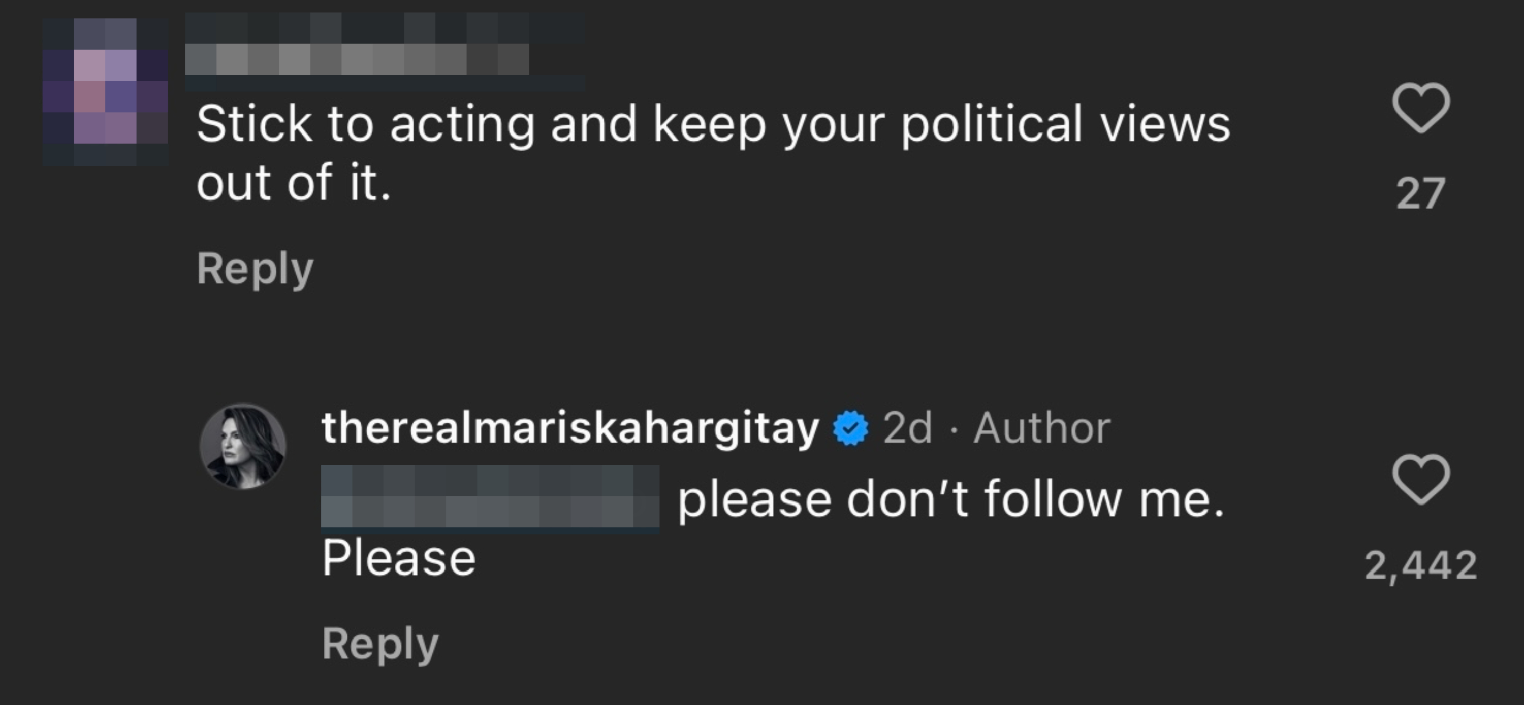 Instagram comment telling therealmariskahargitay to avoid political views, with therealmariskahargitay replying and saying to unfollow her