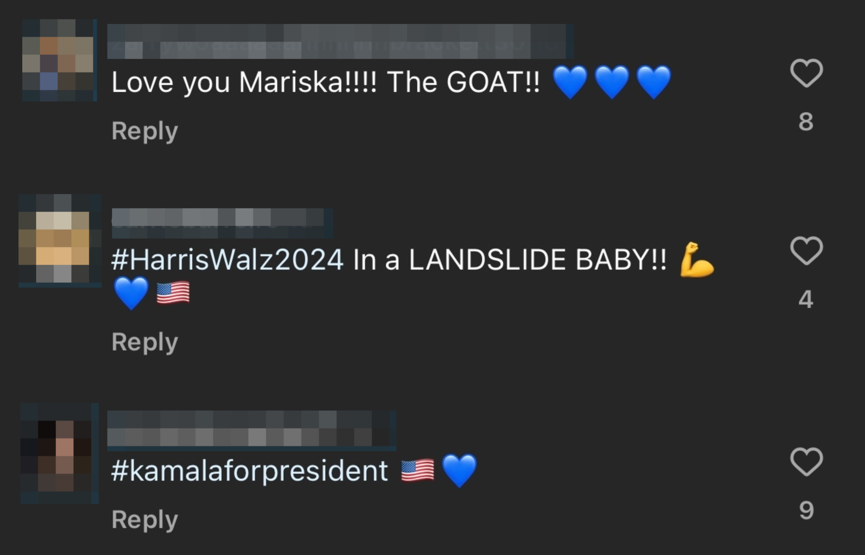 Fans sharing support for Kamala Harris underneath Mariska Hargitay&#x27;s Instagram post