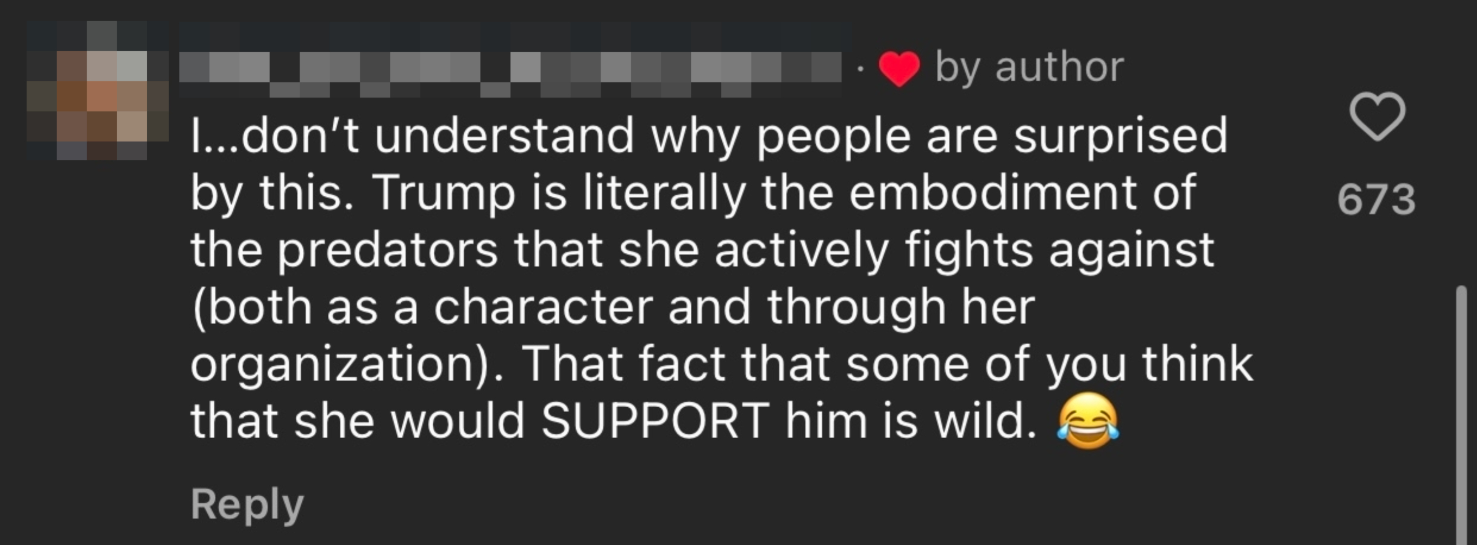 Comment expressing surprise that people think Mariska Hargitay would support Donald Trump