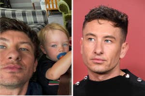 Barry Keoghan takes a selfie with his son vs Barry Keoghan poses on the red carpet in stylish attire with metal accents on his shirt