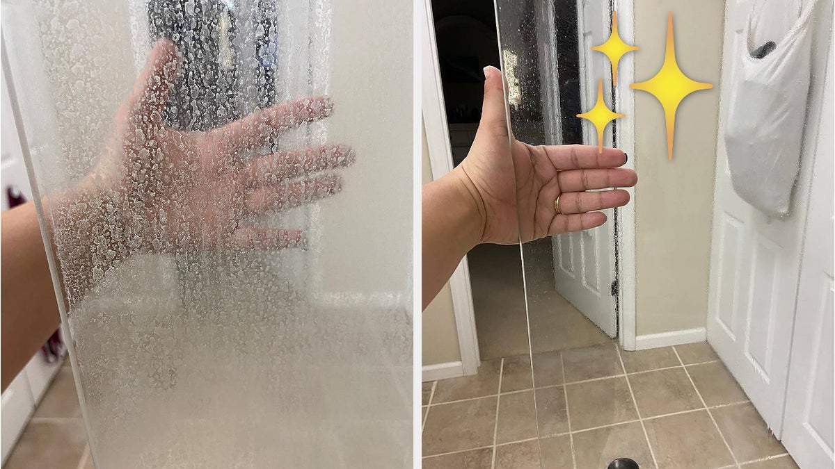 A hand is shown cleaning a glass shower door. The left side demonstrates before cleaning, and the right side shows after cleaning with a sparkling clean result