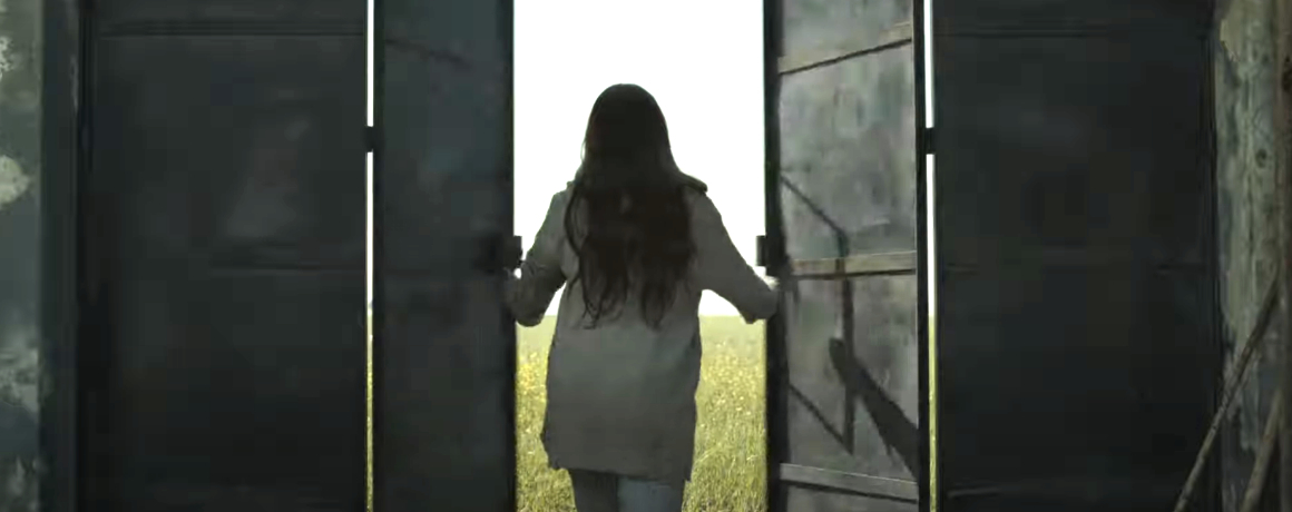 A person with long hair and a coat stands at an open gate, looking out at a bright field in the distance