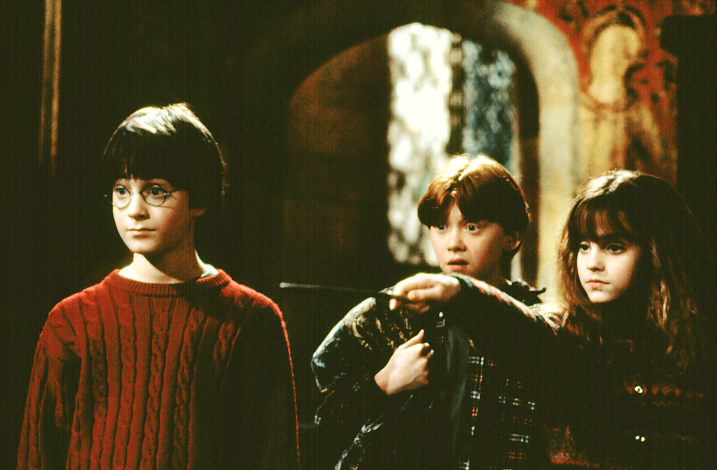 Daniel Radcliffe, Rupert Grint, and Emma Watson in &quot;Harry Potter and the Sorcerer&#x27;s Stone&quot;