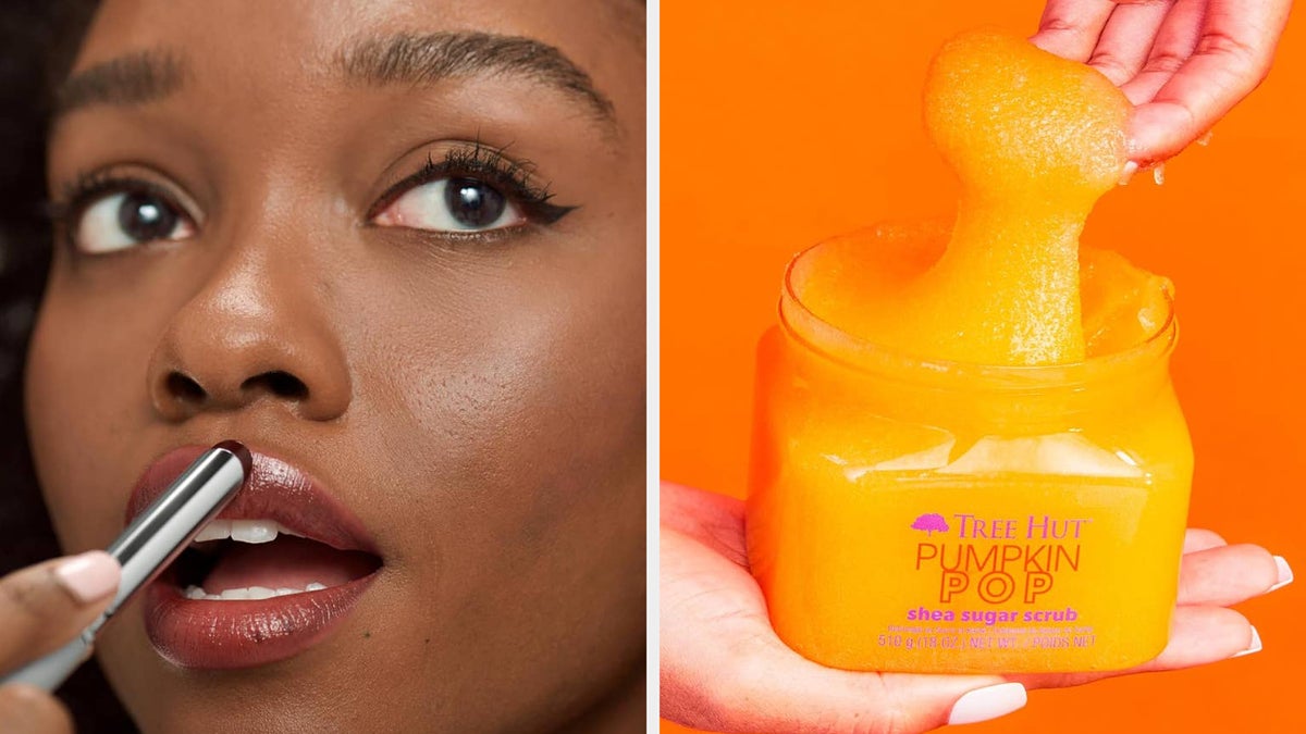 A model applies lipstick in the left image. The right image shows Tree Hut Pumpkin Pop shea sugar scrub being scooped out with a hand