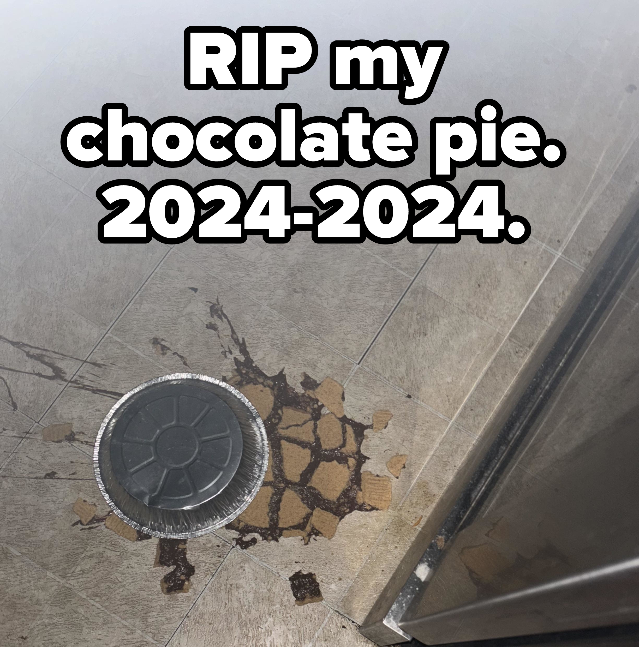 A pie dish has fallen onto a tiled floor, causing a mess with some of its contents splattered around