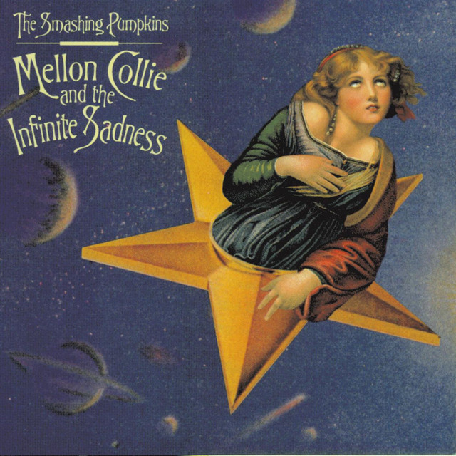 Album cover for &quot;Mellon Collie and the Infinite Sadness&quot; by The Smashing Pumpkins, featuring a woman in classical attire emerging from a star