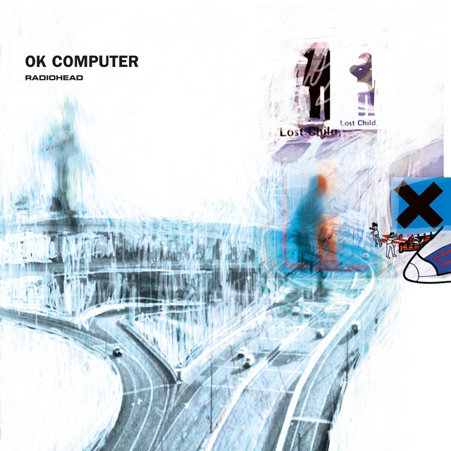 Cover of Radiohead&#x27;s &quot;OK Computer&quot; album. Abstract imagery of highways, a distorted figure, and text &quot;Lost Child&quot; with a blue &quot;X&quot; mark