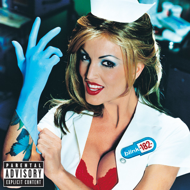 Model posing as a nurse, wearing a white hat and uniform, with a visible blue tattoo on her arm, and pulling on a blue glove. &quot;Blink-182&quot; and &quot;Parental Advisory&quot; stickers are present