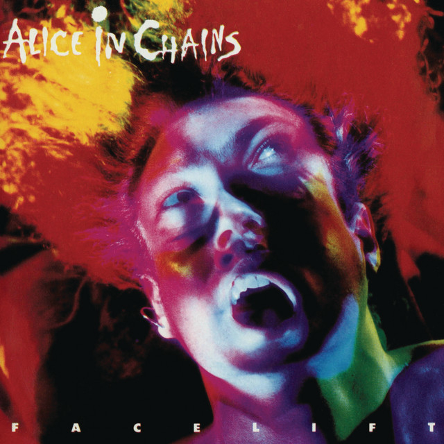 Alice in Chains&#x27; &quot;Facelift&quot; album cover portrays a digitally manipulated face in anguish against a dark background