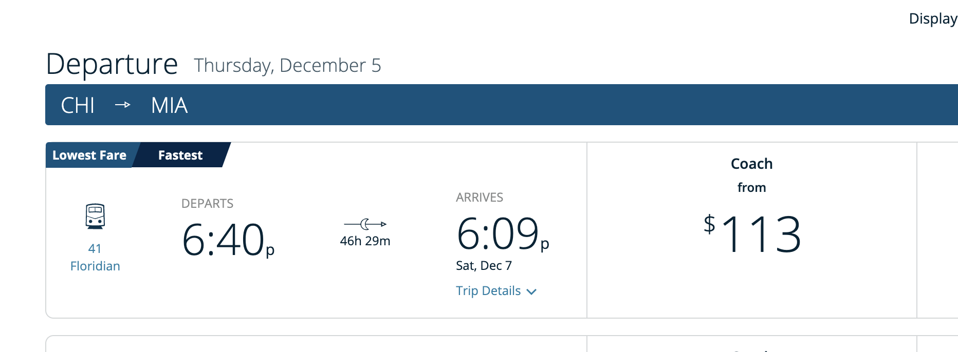 Flight itinerary from Chicago to Miami. Departure: Thursday, December 5 at 6:40 PM. Arrival: 6:09 PM on Saturday, December 7. Coach fare starts at $113