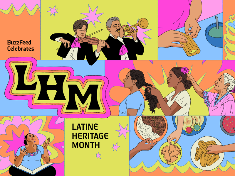 Colorful collage celebrating Latine Heritage Month featuring musicians, food, and cultural activities, with text &quot;BuzzFeed Celebrates LHM.&quot;