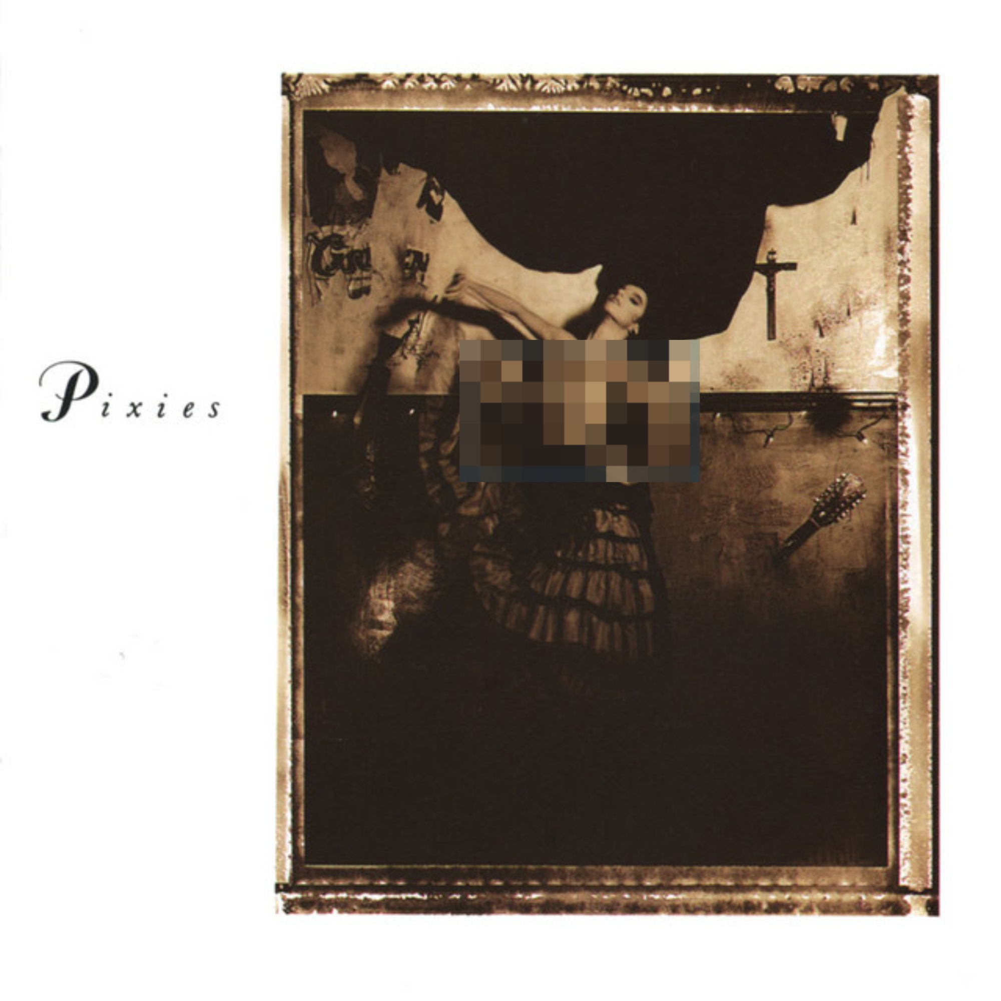 Album cover of &quot;Surfer Rosa&quot; by the Pixies, featuring an art piece of a semi-nude woman in a room with crucifixes and a chandelier