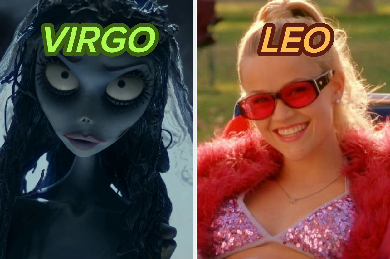 On the left, Emily from Corpse Bride is labeled "Virgo." On the right, Elle Woods from Legally Blonde is labeled "Leo."