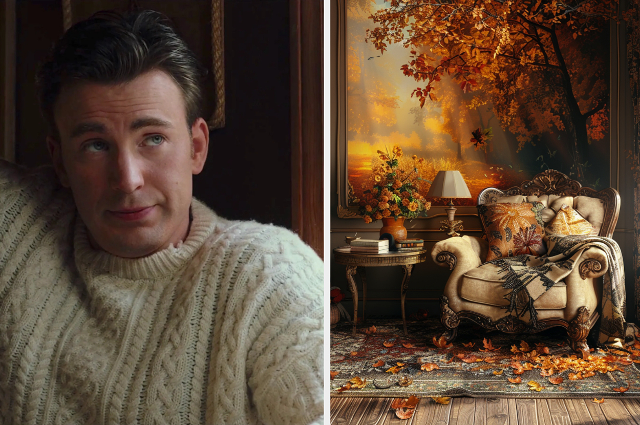 Chris Evans sitting in a cozy setting wearing a sweater, next to an autumn-themed living room with a chair, blanket, and fallen leaves