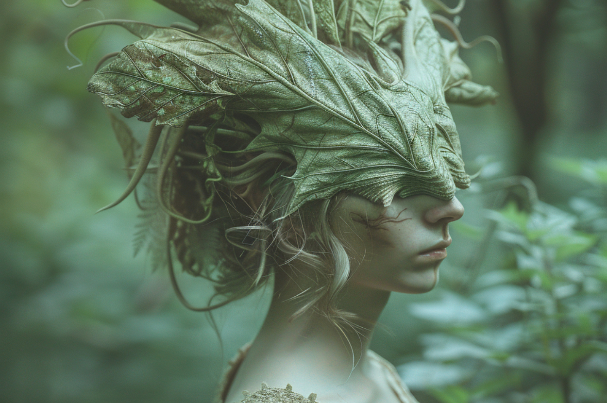 Person in detailed leaf-like headpiece and costume, blending into a forest environment