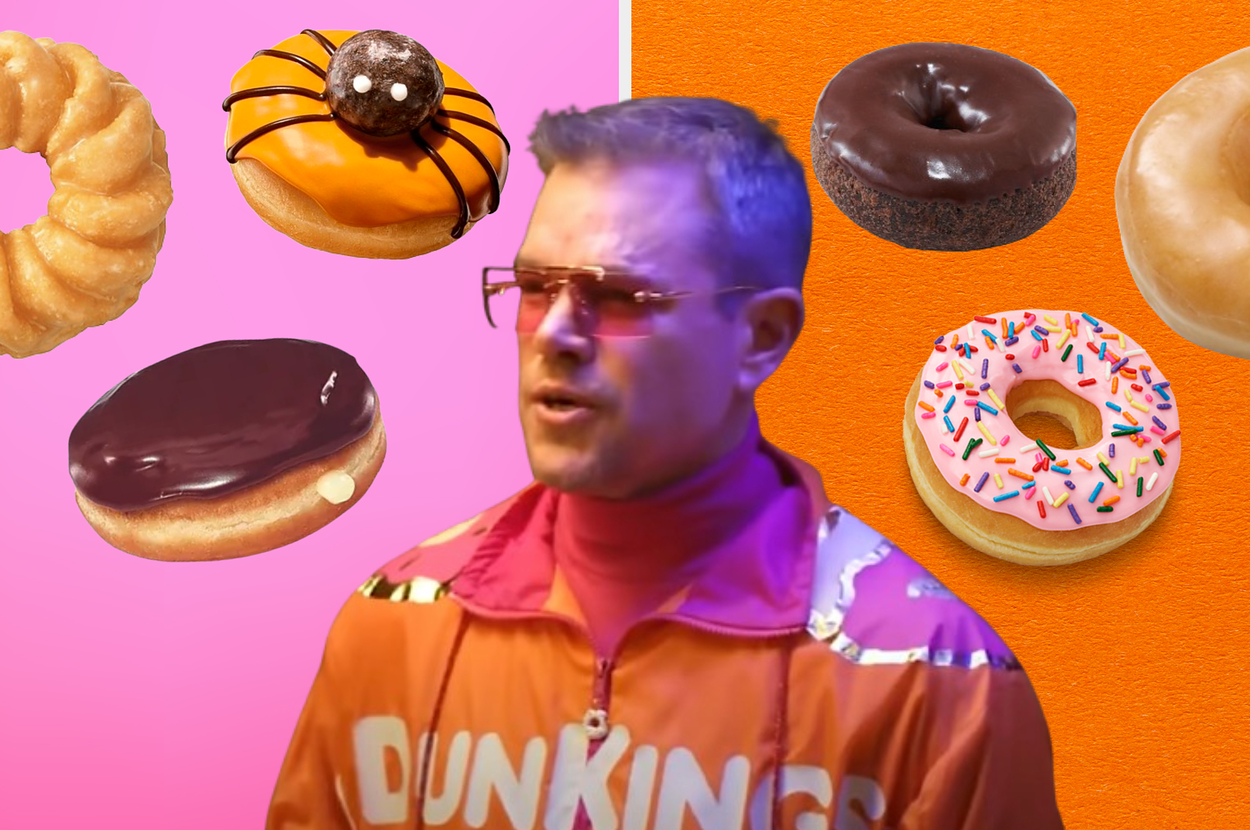 Matt Damon in an orange 'Dunking' jacket standing among various donuts on a vibrant background