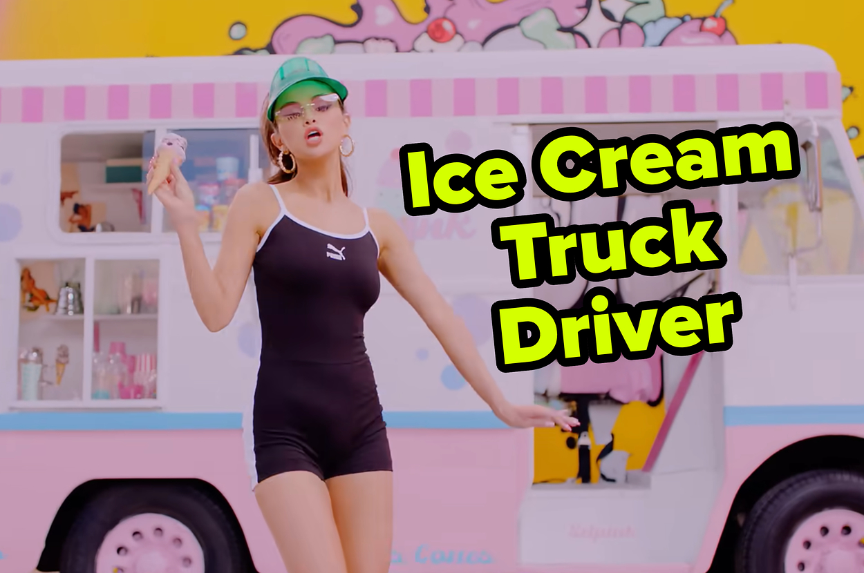 Woman in black tank top and shorts, wearing a green cap and holding an ice cream cone in front of an ice cream truck with "Ice Cream Truck Driver" text