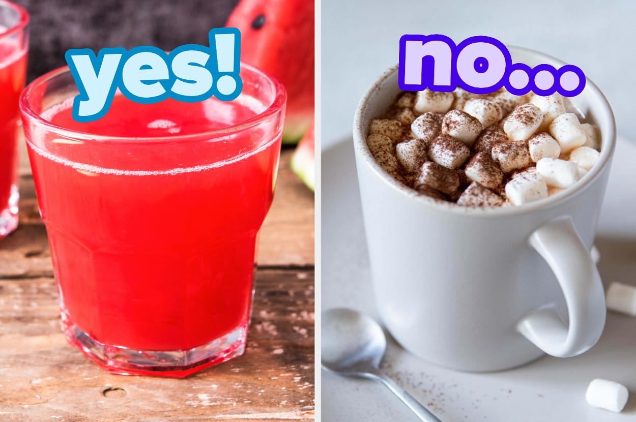 On the left, a glass of watermelon juice labeled yes, and on the right, a mug of hot chocolate covered in marshmallows labeled no