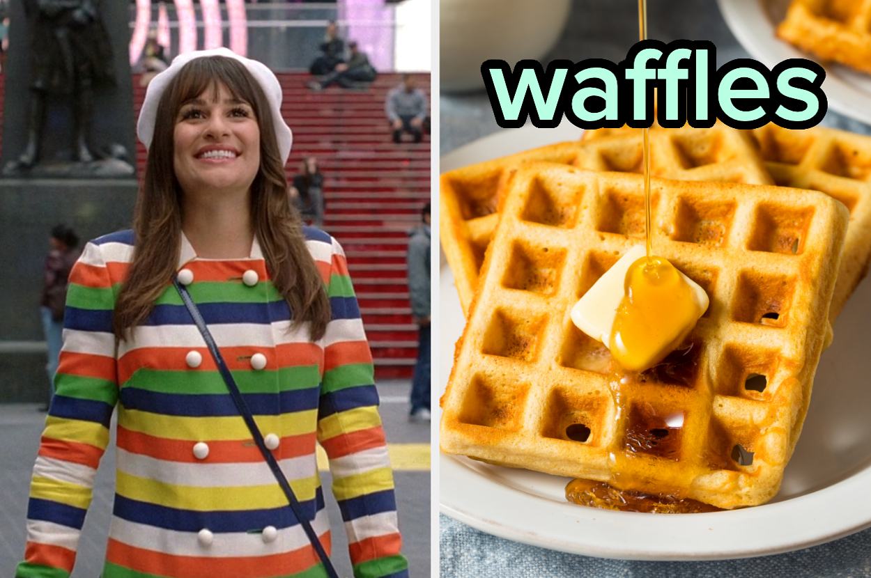 On the left, Rachel from Glee standing in Times Square, and on the right, waffles topped with syrup and a pat of butter