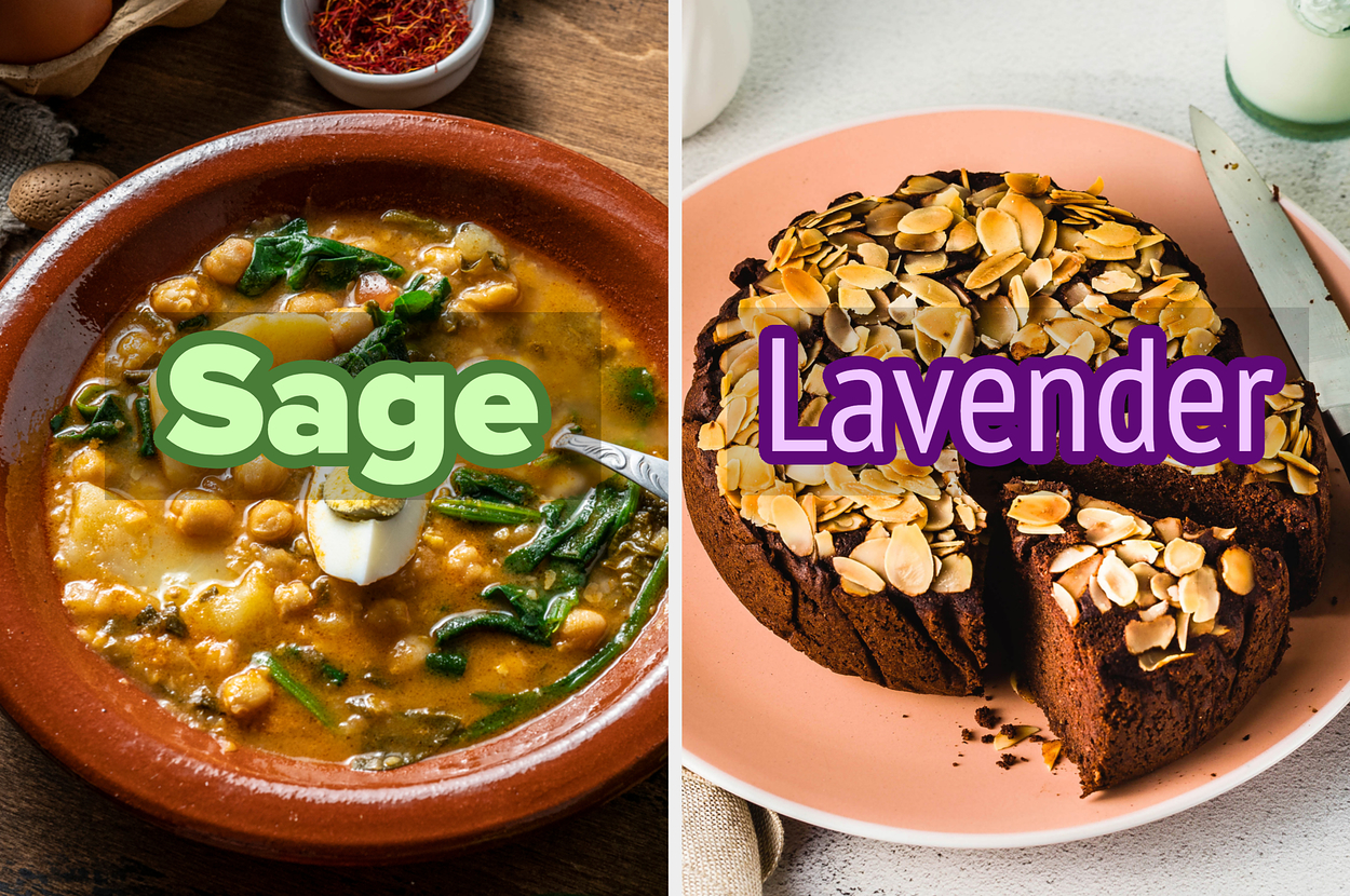 Split image: left shows a bowl of chickpea and spinach stew labeled "Sage," right shows a chocolate almond cake on a plate labeled "Lavender."