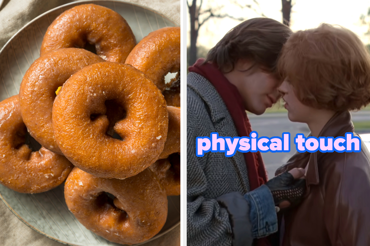 On the left, a plate of pumpkin donuts, and on the right, Bender and Claire from The Breakfast Club leaning in to kiss labeled physical touch