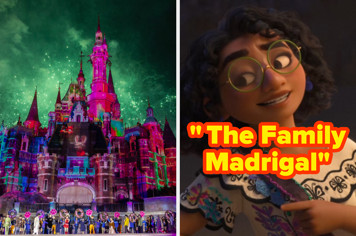 Split image: Left side shows a castle with fireworks. Right side features Mirabel from Encanto and the text: "The Family Madrigal."