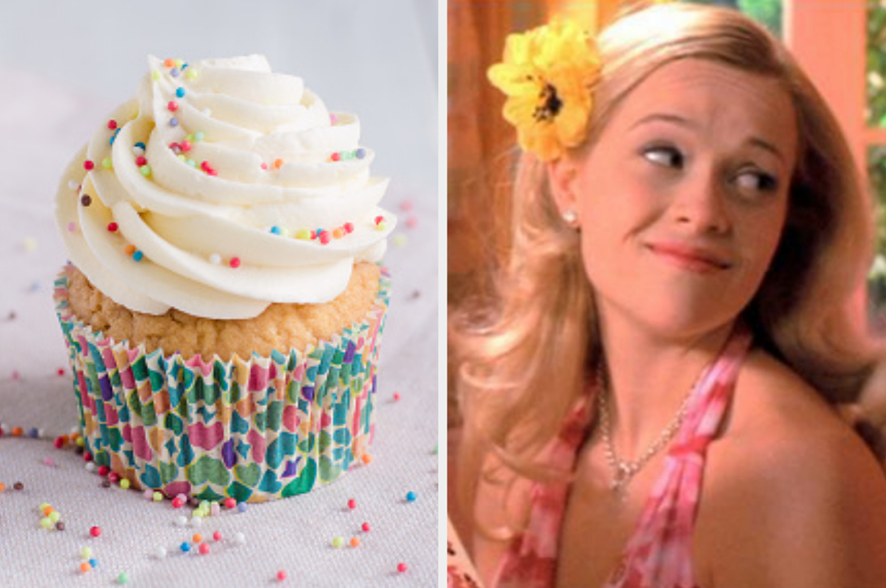 A cupcake with white frosting and multicolored sprinkles on the left. On the right, a woman with blonde hair, wearing a floral top and flower hair accessory