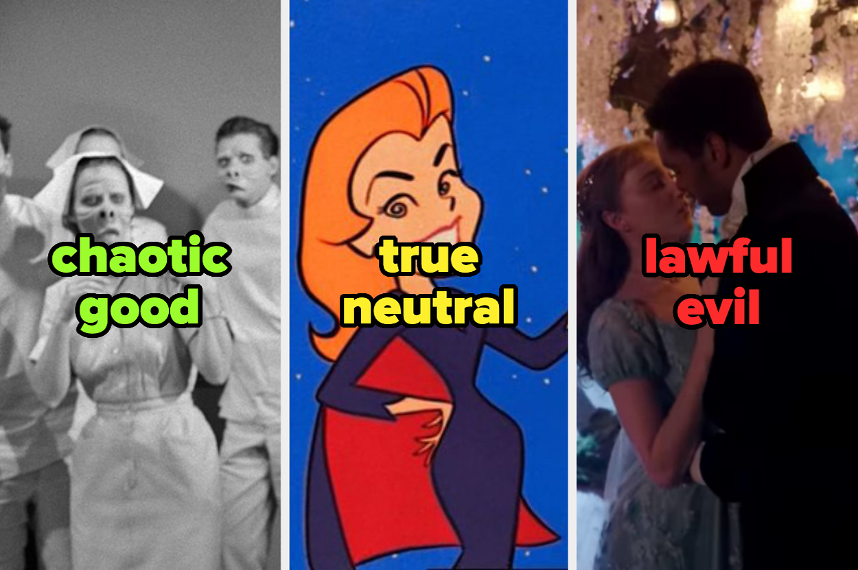 Three panels: left, a black-and-white group of people labeled "chaotic good"; center, an animated character labeled "true neutral"; right, a couple dancing labeled "lawful evil"