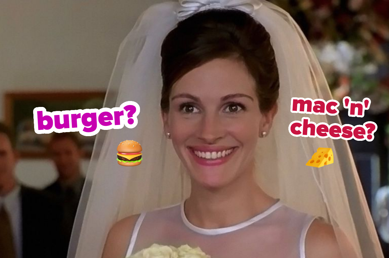 Julia Roberts in a bride's veil holding a bouquet, with text "burger?" and "mac 'n' cheese?" and corresponding food emojis superimposed