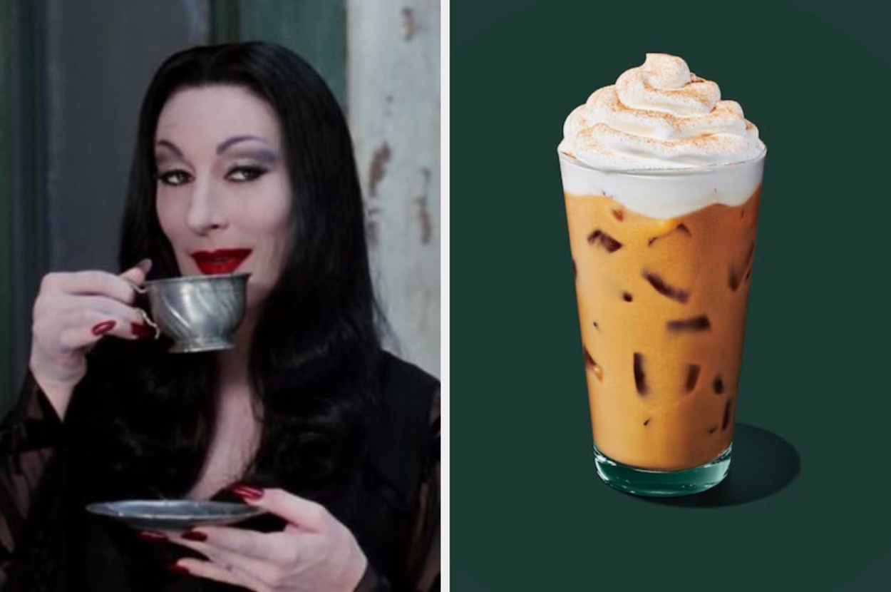 Morticia Addams drinks from a teacup on the left; an iced coffee with whipped cream is on the right