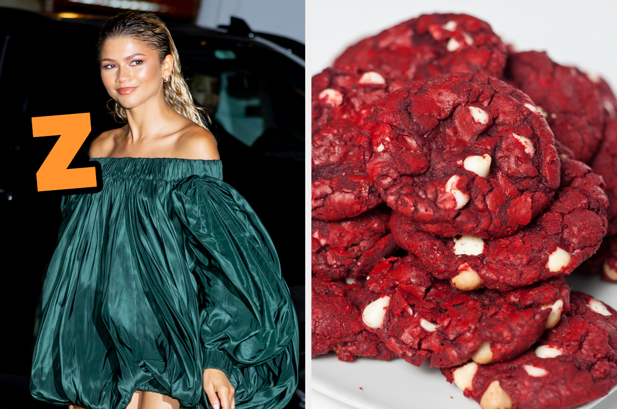 On the left, Zendaya in an off-shoulder dress with Z typed by her face, and on the right, some red velvet cookies