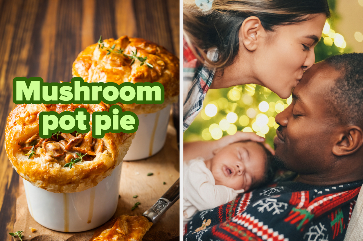 On the left, mushroom pot pie is served in white dishes. On the right, a woman kisses a man's head as he holds a sleeping baby