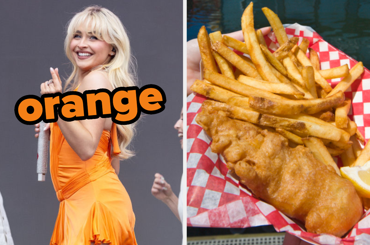 On the left, Sabrina Carpenter smiling on stage labeled orange, and on the right, a basket of fish and chips